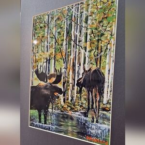 NWT - Two Bull Moose Drinking From The Stream By Jack E. Stiddard 8x10
